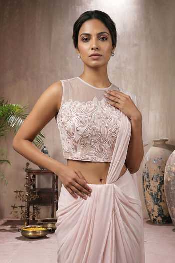 Buy Maisolos Pink Net, Georgette Round Neck Pre-draped Saree With Embroidered Blouse Online at Aza Fashions Buy_Maisolos_Pink Net, Georgette Round Neck Pre-draped Saree With Embroidered Blouse _Online_at_Aza_Fashions