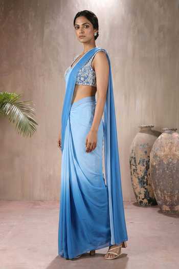 Maisolos Blue Net, Georgette Sweetheart Ombre Pre-draped And Embroidered Set Online at Aza Fashions Maisolos_Blue Net, Georgette Sweetheart Ombre Pre-draped And Embroidered Set _Online_at_Aza_Fashions