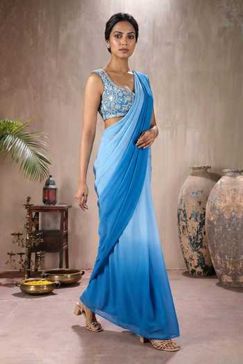 Buy Maisolos Blue Net, Georgette Sweetheart Ombre Pre-draped And Embroidered Set Online at Aza Fashions Buy_Maisolos_Blue Net, Georgette Sweetheart Ombre Pre-draped And Embroidered Set _Online_at_Aza_Fashions