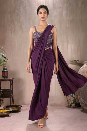 Maisolos Wine Net, Georgette Sweetheart Neck Pre-draped Saree With Embroidered Blouse Online at Aza Fashions Maisolos_Wine Net, Georgette Sweetheart Neck Pre-draped Saree With Embroidered Blouse _Online_at_Aza_Fashions
