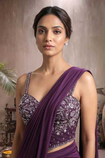Buy Maisolos Wine Net, Georgette Sweetheart Neck Pre-draped Saree With Embroidered Blouse Online at Aza Fashions Buy_Maisolos_Wine Net, Georgette Sweetheart Neck Pre-draped Saree With Embroidered Blouse _Online_at_Aza_Fashions