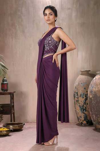 Shop Maisolos Wine Net, Georgette Sweetheart Neck Pre-draped Saree With Embroidered Blouse Online at Aza Fashions Shop_Maisolos_Wine Net, Georgette Sweetheart Neck Pre-draped Saree With Embroidered Blouse _Online_at_Aza_Fashions