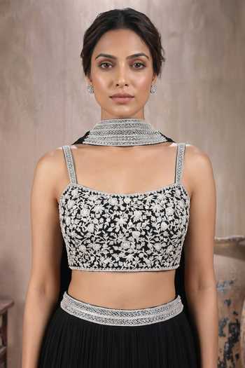 Buy Maisolos Black Net, Georgette Square Neck Embroidered Blouse Skirt Set Online at Aza Fashions Buy_Maisolos_Black Net, Georgette Square Neck Embroidered Blouse Skirt Set _Online_at_Aza_Fashions