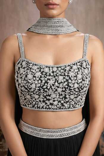 Shop Maisolos Black Net, Georgette Square Neck Embroidered Blouse Skirt Set Online at Aza Fashions Shop_Maisolos_Black Net, Georgette Square Neck Embroidered Blouse Skirt Set _Online_at_Aza_Fashions