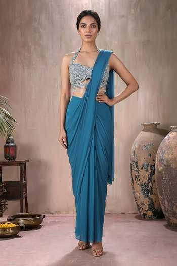 Maisolos Blue Georgette, Net Sweetheart Pre-draped Saree With Halter Embroidered Blouse Online at Aza Fashions Maisolos_Blue Georgette, Net Sweetheart Pre-draped Saree With Halter Embroidered Blouse _Online_at_Aza_Fashions
