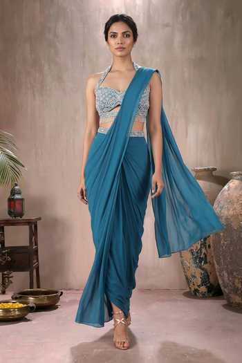 Maisolos Pre-Draped Saree With Halter Neck Embroidered Blouse 