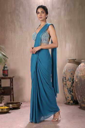 Buy Maisolos Blue Georgette, Net Sweetheart Pre-draped Saree With Halter Embroidered Blouse Online at Aza Fashions Buy_Maisolos_Blue Georgette, Net Sweetheart Pre-draped Saree With Halter Embroidered Blouse _Online_at_Aza_Fashions