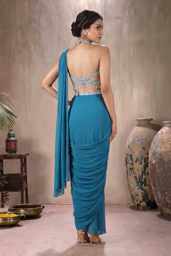 Maisolos Pre-Draped Saree With Halter Neck Embroidered Blouse 