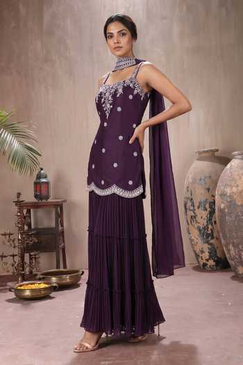 Buy Maisolos Wine Georgette, Net Square Neck Embroidered Kurta Set Online at Aza Fashions Buy_Maisolos_Wine Georgette, Net Square Neck Embroidered Kurta Set _Online_at_Aza_Fashions
