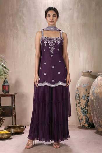 Shop Maisolos Wine Georgette, Net Square Neck Embroidered Kurta Set Online at Aza Fashions Shop_Maisolos_Wine Georgette, Net Square Neck Embroidered Kurta Set _Online_at_Aza_Fashions