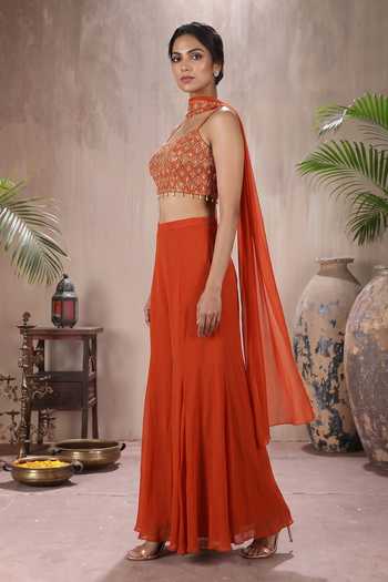 Maisolos Orange Net, Georgette Square Neck Embroidered Blouse Sharara Set Online at Aza Fashions Maisolos_Orange Net, Georgette Square Neck Embroidered Blouse Sharara Set _Online_at_Aza_Fashions