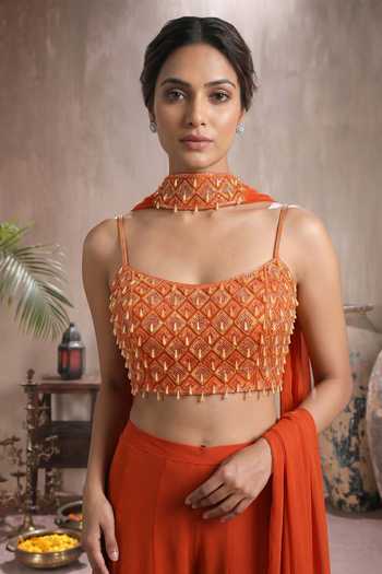 Shop Maisolos Orange Net, Georgette Square Neck Embroidered Blouse Sharara Set Online at Aza Fashions Shop_Maisolos_Orange Net, Georgette Square Neck Embroidered Blouse Sharara Set _Online_at_Aza_Fashions