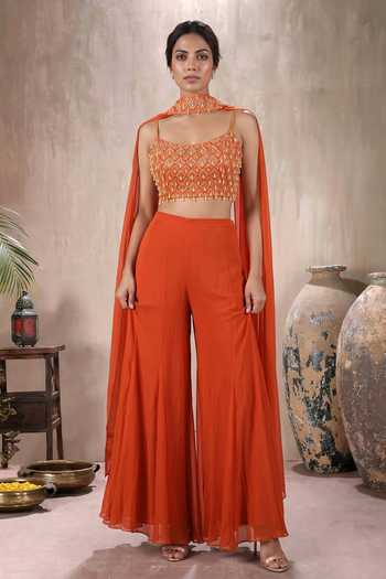 Maisolos Orange Net, Georgette Square Neck Embroidered Blouse Sharara Set at Aza Fashions Maisolos_Orange Net, Georgette Square Neck Embroidered Blouse Sharara Set _at_Aza_Fashions