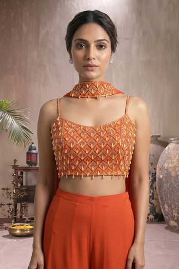Buy Maisolos Orange Net, Georgette Square Neck Embroidered Blouse Sharara Set Buy_Maisolos_Orange Net, Georgette Square Neck Embroidered Blouse Sharara Set