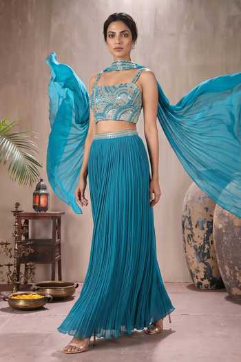 Maisolos_Blue Net, Georgette Square Neck Hand Embroidered Skirt Set _Online_at_Aza_Fashions