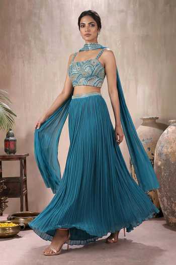 Buy_Maisolos_Blue Net, Georgette Square Neck Hand Embroidered Skirt Set _Online_at_Aza_Fashions