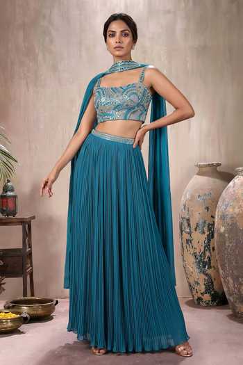 Shop_Maisolos_Blue Net, Georgette Square Neck Hand Embroidered Skirt Set _Online_at_Aza_Fashions