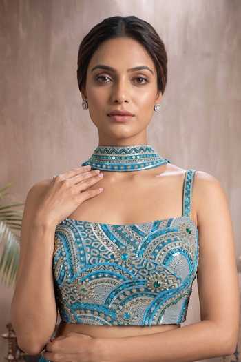 Maisolos_Blue Net, Georgette Square Neck Hand Embroidered Skirt Set _at_Aza_Fashions