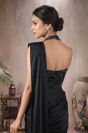 Maisolos Black Net, Georgette Sweetheart Neck Pre-draped Saree And Embroidered Blouse Set Online at Aza Fashions Maisolos_Black Net, Georgette Sweetheart Neck Pre-draped Saree And Embroidered Blouse Set _Online_at_Aza_Fashions
