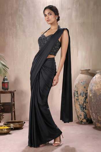 Shop Maisolos Black Net, Georgette Sweetheart Neck Pre-draped Saree And Embroidered Blouse Set Online at Aza Fashions Shop_Maisolos_Black Net, Georgette Sweetheart Neck Pre-draped Saree And Embroidered Blouse Set _Online_at_Aza_Fashions