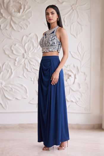Maisolos_Blue Net, Lycra Halter Neck Hand Embroidered Blouse And Skirt Set _Online_at_Aza_Fashions