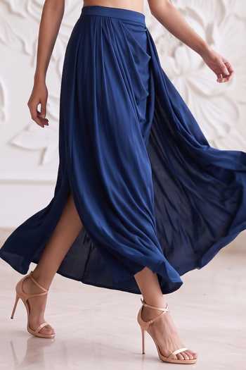 Buy_Maisolos_Blue Net, Lycra Halter Neck Hand Embroidered Blouse And Skirt Set _Online_at_Aza_Fashions