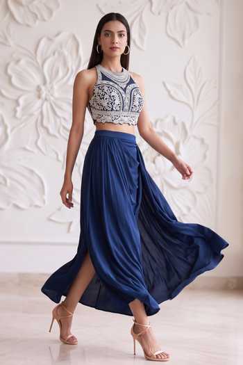 Shop_Maisolos_Blue Net, Lycra Halter Neck Hand Embroidered Blouse And Skirt Set _Online_at_Aza_Fashions