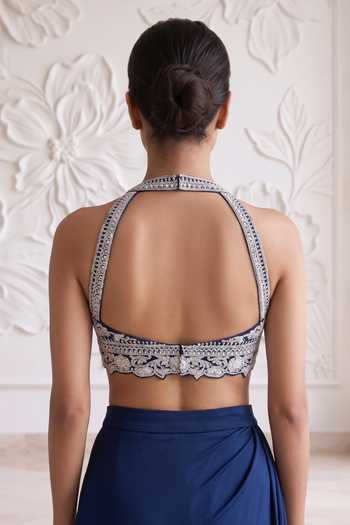 Maisolos_Blue Net, Lycra Halter Neck Hand Embroidered Blouse And Skirt Set _at_Aza_Fashions