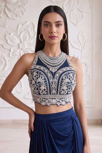 Buy_Maisolos_Blue Net, Lycra Halter Neck Hand Embroidered Blouse And Skirt Set 