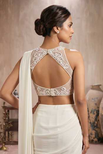 Maisolos Ivory Net, Georgette Square Neck, Pre-draped Saree With Thread Work Blouse Online at Aza Fashions Maisolos_Ivory Net, Georgette Square Neck, Pre-draped Saree With Thread Work Blouse _Online_at_Aza_Fashions