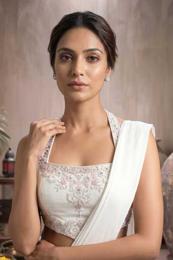 Buy Maisolos Ivory Net, Georgette Square Neck, Pre-draped Saree With Thread Work Blouse Online at Aza Fashions Buy_Maisolos_Ivory Net, Georgette Square Neck, Pre-draped Saree With Thread Work Blouse _Online_at_Aza_Fashions