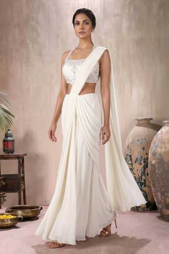 Shop Maisolos Ivory Net, Georgette Square Neck, Pre-draped Saree With Thread Work Blouse Online at Aza Fashions Shop_Maisolos_Ivory Net, Georgette Square Neck, Pre-draped Saree With Thread Work Blouse _Online_at_Aza_Fashions