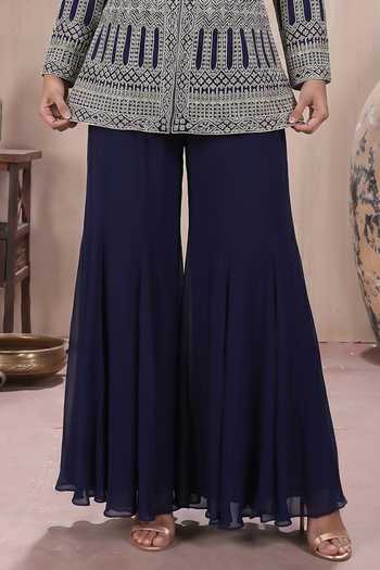 Maisolos_Blue Net, Georgette Mandarin Collar Hand Embroidered Jacket And Sharara Set _Online_at_Aza_Fashions