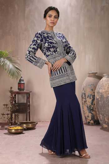 Buy_Maisolos_Blue Net, Georgette Mandarin Collar Hand Embroidered Jacket And Sharara Set _Online_at_Aza_Fashions
