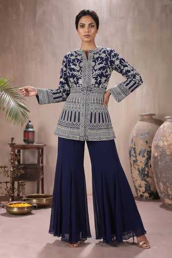 Shop_Maisolos_Blue Net, Georgette Mandarin Collar Hand Embroidered Jacket And Sharara Set _Online_at_Aza_Fashions