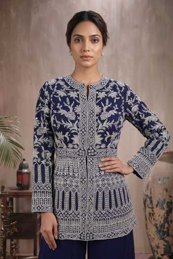Maisolos_Blue Net, Georgette Mandarin Collar Hand Embroidered Jacket And Sharara Set _at_Aza_Fashions