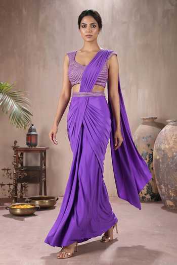 Maisolos_Purple Net, Lycra Sweetheart Neck Pre-draped Saree With Embroidered Blouse _Online_at_Aza_Fashions