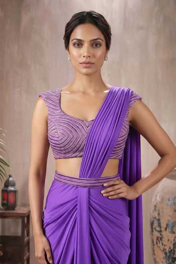 Buy_Maisolos_Purple Net, Lycra Sweetheart Neck Pre-draped Saree With Embroidered Blouse _Online_at_Aza_Fashions