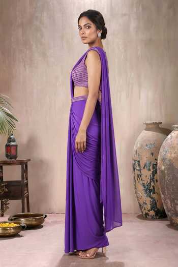 Shop_Maisolos_Purple Net, Lycra Sweetheart Neck Pre-draped Saree With Embroidered Blouse _Online_at_Aza_Fashions