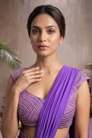 Maisolos_Purple Net, Lycra Sweetheart Neck Pre-draped Saree With Embroidered Blouse _at_Aza_Fashions