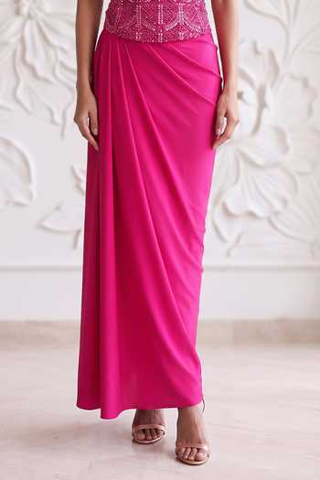 Maisolos_Pink Silk, Lycra Sequins, Beads Sweetheart Neck Embroidered Corset And Skirt Set _Online_at_Aza_Fashions