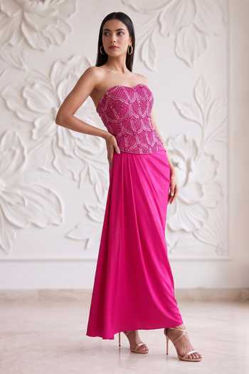 Buy_Maisolos_Pink Silk, Lycra Sequins, Beads Sweetheart Neck Embroidered Corset And Skirt Set _Online_at_Aza_Fashions