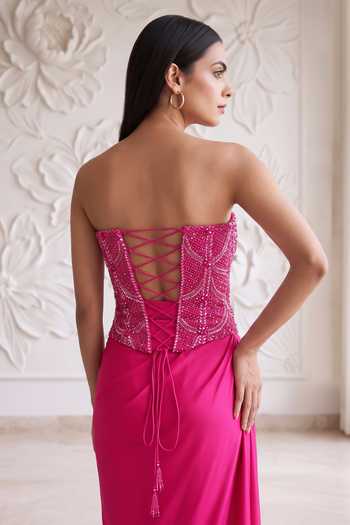 Shop_Maisolos_Pink Silk, Lycra Sequins, Beads Sweetheart Neck Embroidered Corset And Skirt Set _Online_at_Aza_Fashions