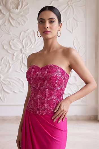 Maisolos_Pink Silk, Lycra Sequins, Beads Sweetheart Neck Embroidered Corset And Skirt Set _at_Aza_Fashions