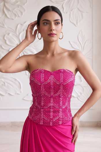 Buy_Maisolos_Pink Silk, Lycra Sequins, Beads Sweetheart Neck Embroidered Corset And Skirt Set 