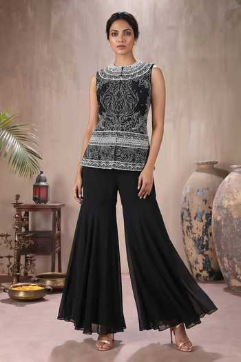 Buy_Maisolos_Black Net, Georgette Round Neck Hand Embroidered Jacket And Sharara Set _Online_at_Aza_Fashions