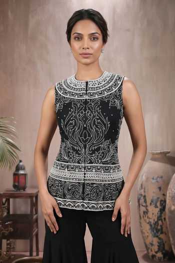 Shop_Maisolos_Black Net, Georgette Round Neck Hand Embroidered Jacket And Sharara Set _Online_at_Aza_Fashions