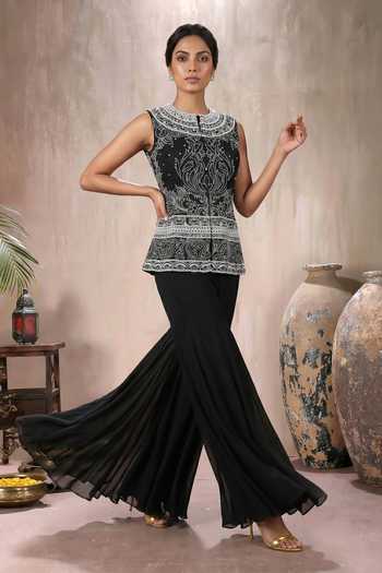 Maisolos_Black Net, Georgette Round Neck Hand Embroidered Jacket And Sharara Set _at_Aza_Fashions