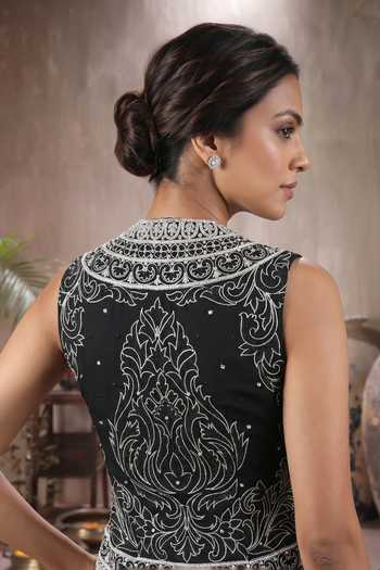 Buy_Maisolos_Black Net, Georgette Round Neck Hand Embroidered Jacket And Sharara Set 