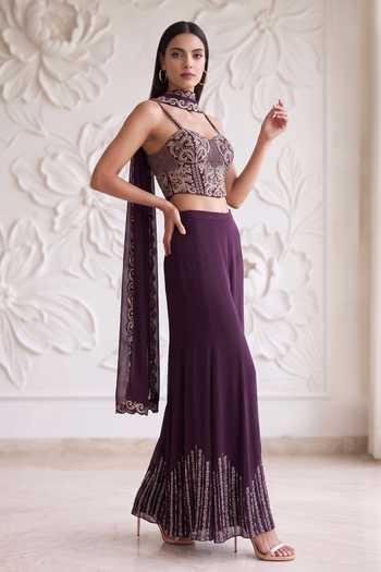 Maisolos_Wine Net, Georgette Zari, Sequins Sweetheart Neck Embroidered Blouse Sharara Set _Online_at_Aza_Fashions